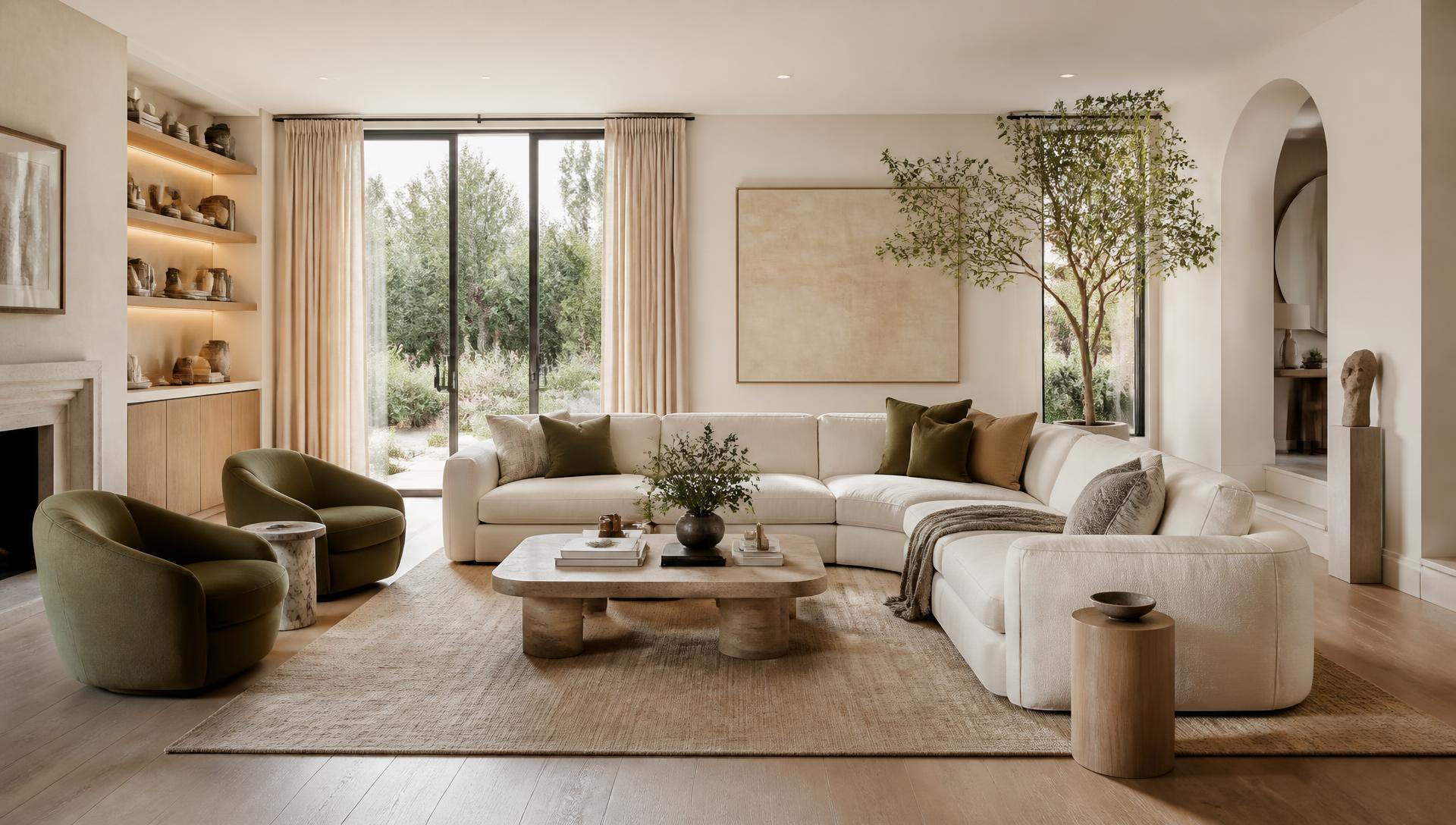 Bright, spotless luxury living room with warm natural light