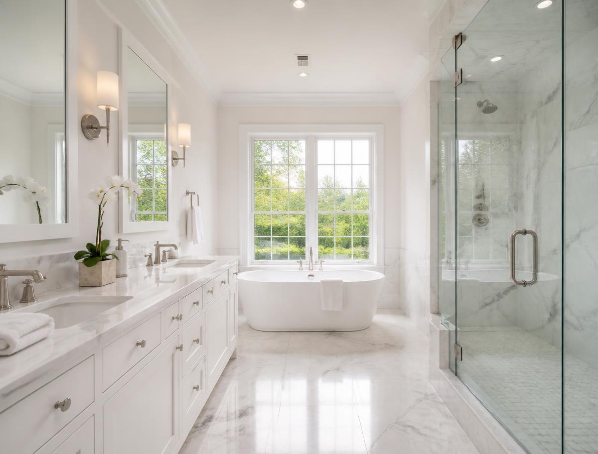Sparkling clean bathroom with folded towels